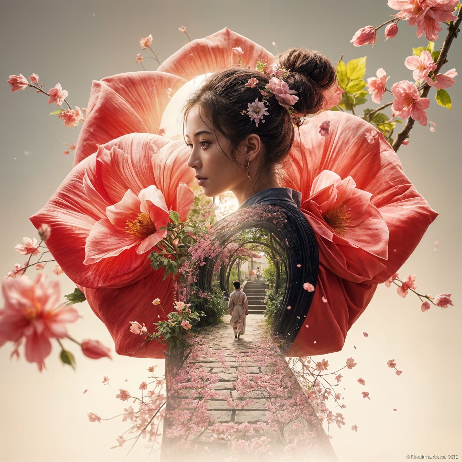Surreal Samurai Woman Strolls Through Zen Garden of Roses in...