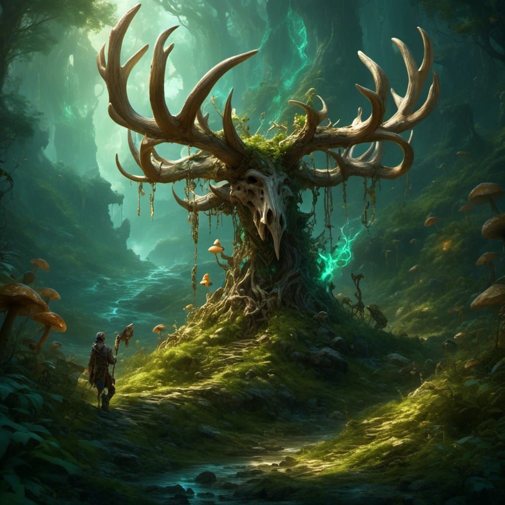 Enchanted Staff with Antler and Green Magic