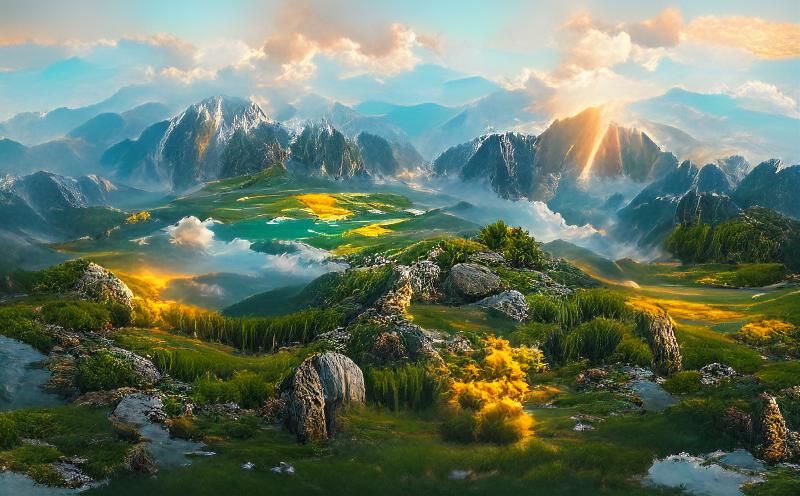 Verdant Mountain Vista with Wildflowers in Golden Light