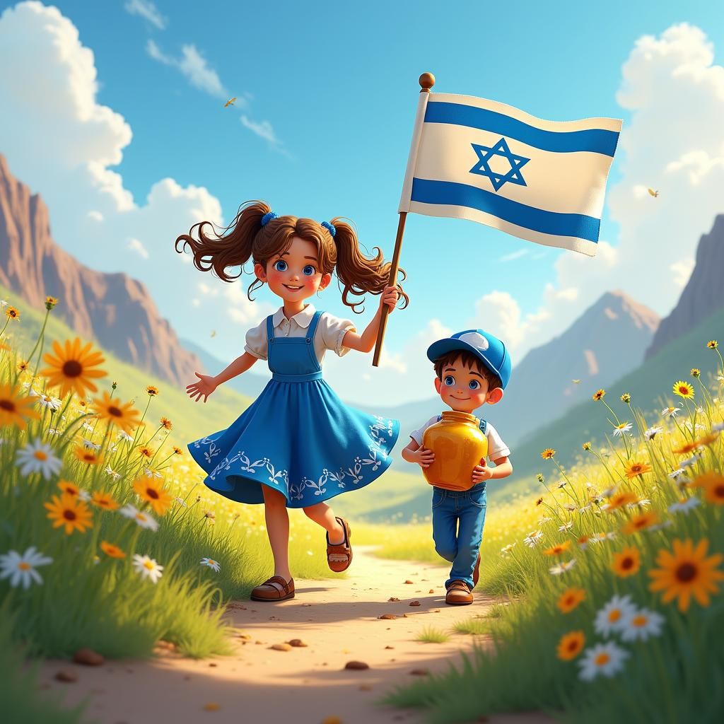 Children in Meadow with Israeli Flag, Fantasy Art