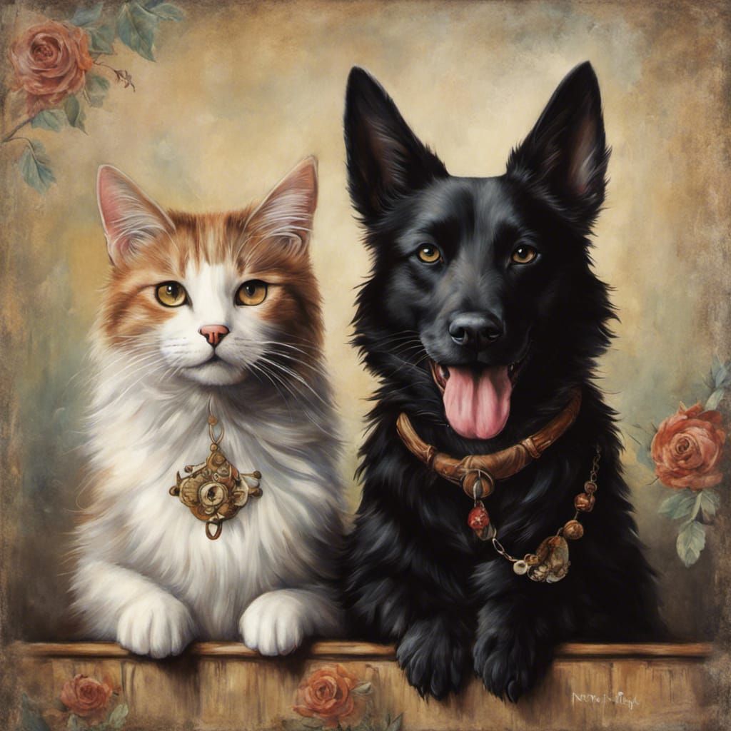 Happy Cat and Dog: Rustic Modern Hyperrealism