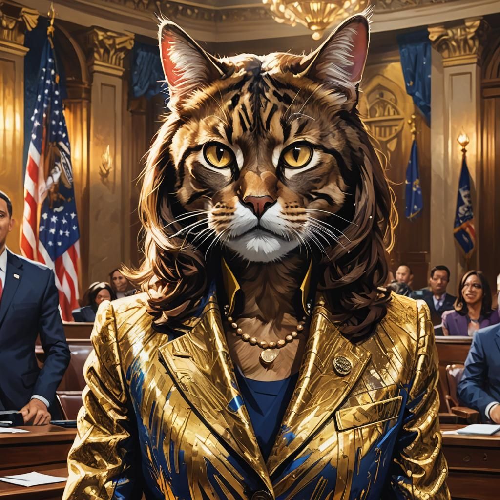 Anthropomorphic Feline Politician in Congress: Digital Art