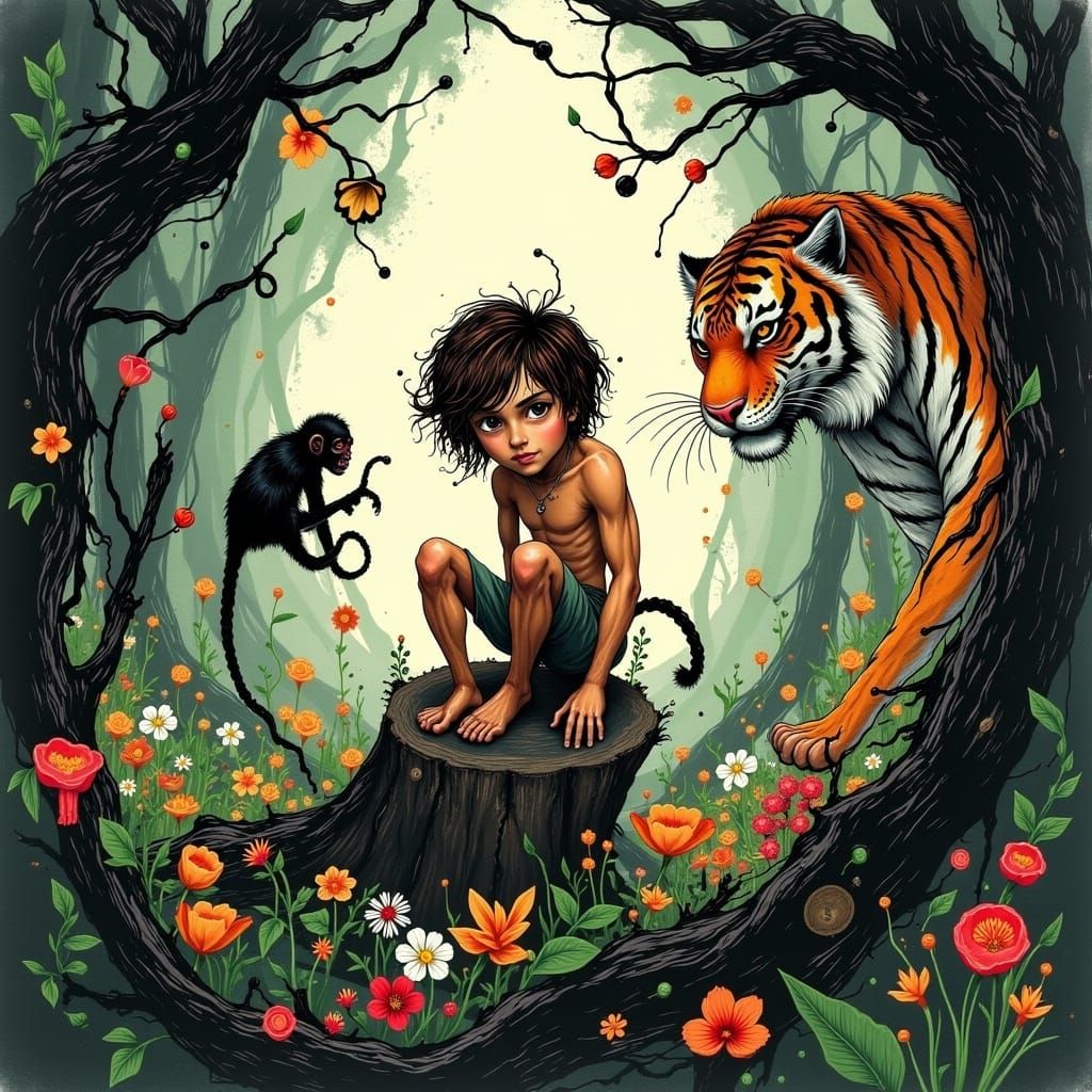 Mowgli in the Jungle, Whimsical Illustration