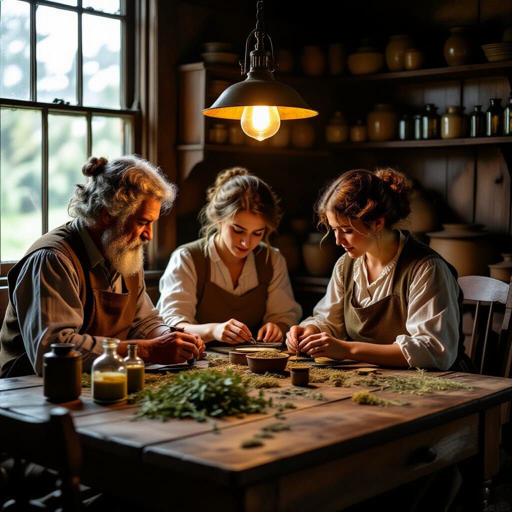 1912 Herbalists Crafting Medicine With Gas Lamp Glow