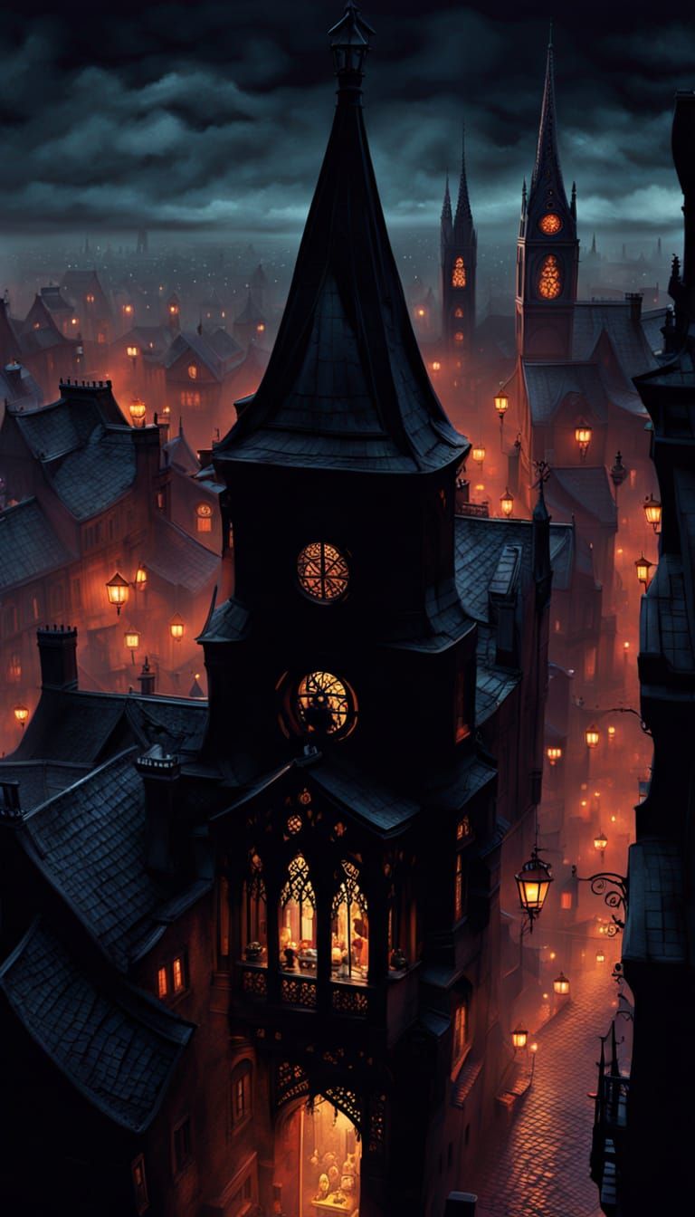 Gothic Vampire Haunts Twilight City in Dark Fantasy