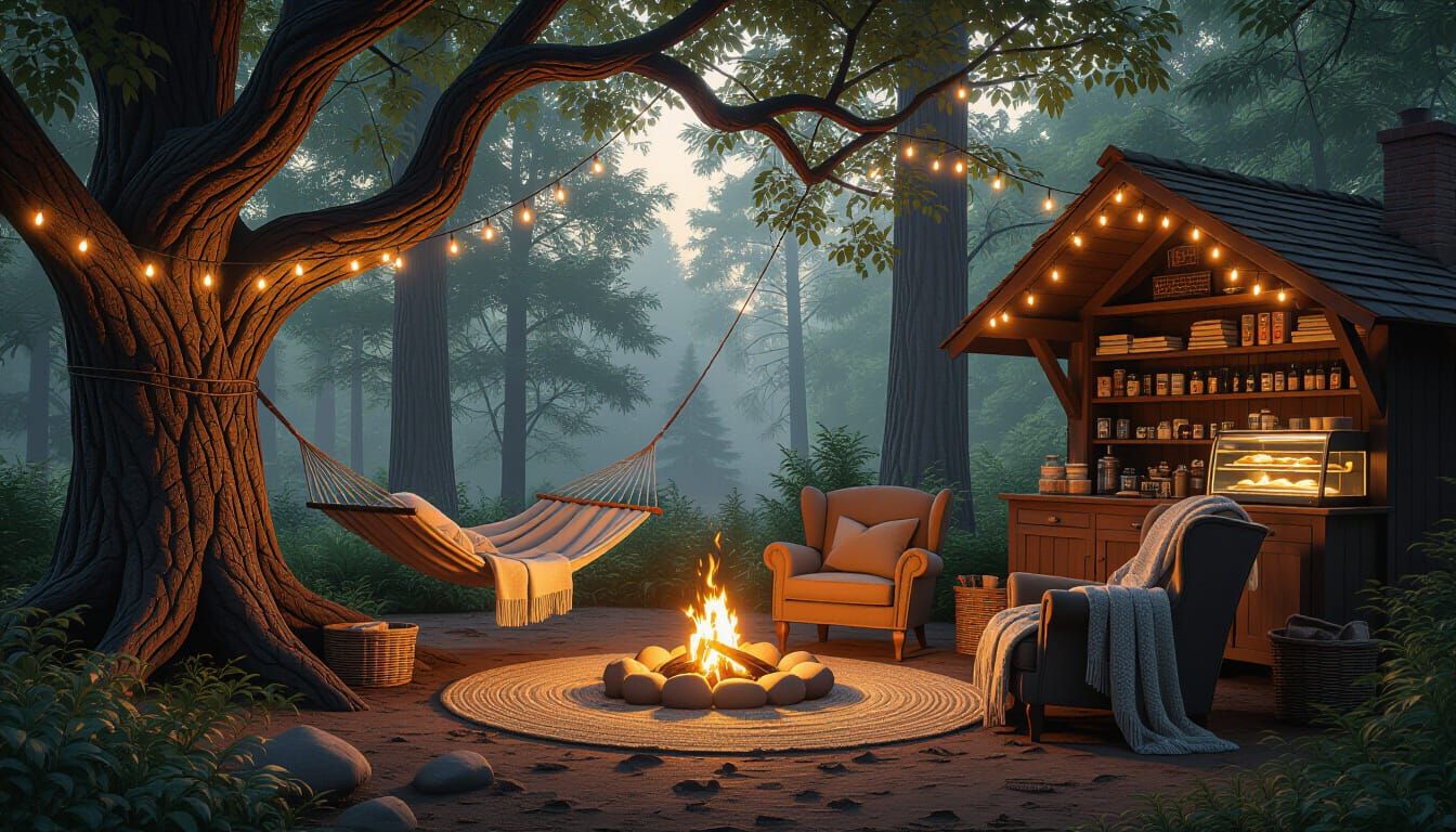 Magical Hidden Grove With Cozy Campfire and Coffee Bar