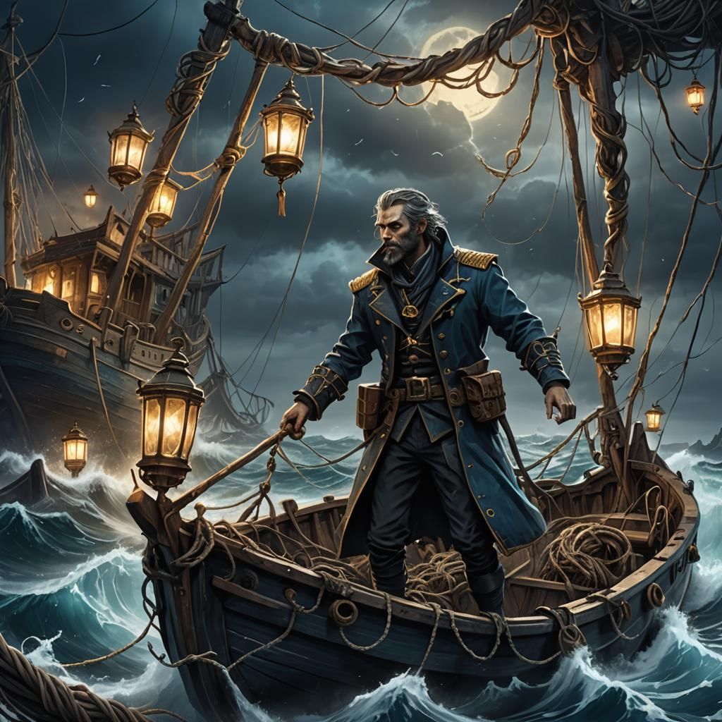 Dark Sailor at Helm in Stormy Gothic Horror Scene