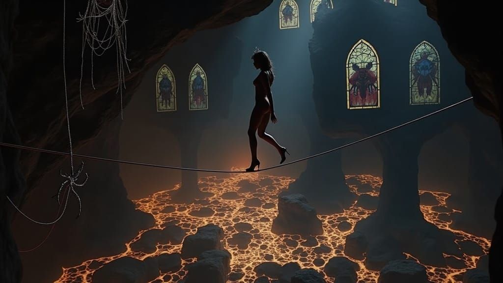 Dark Elf Queen on Tightrope Over Lava