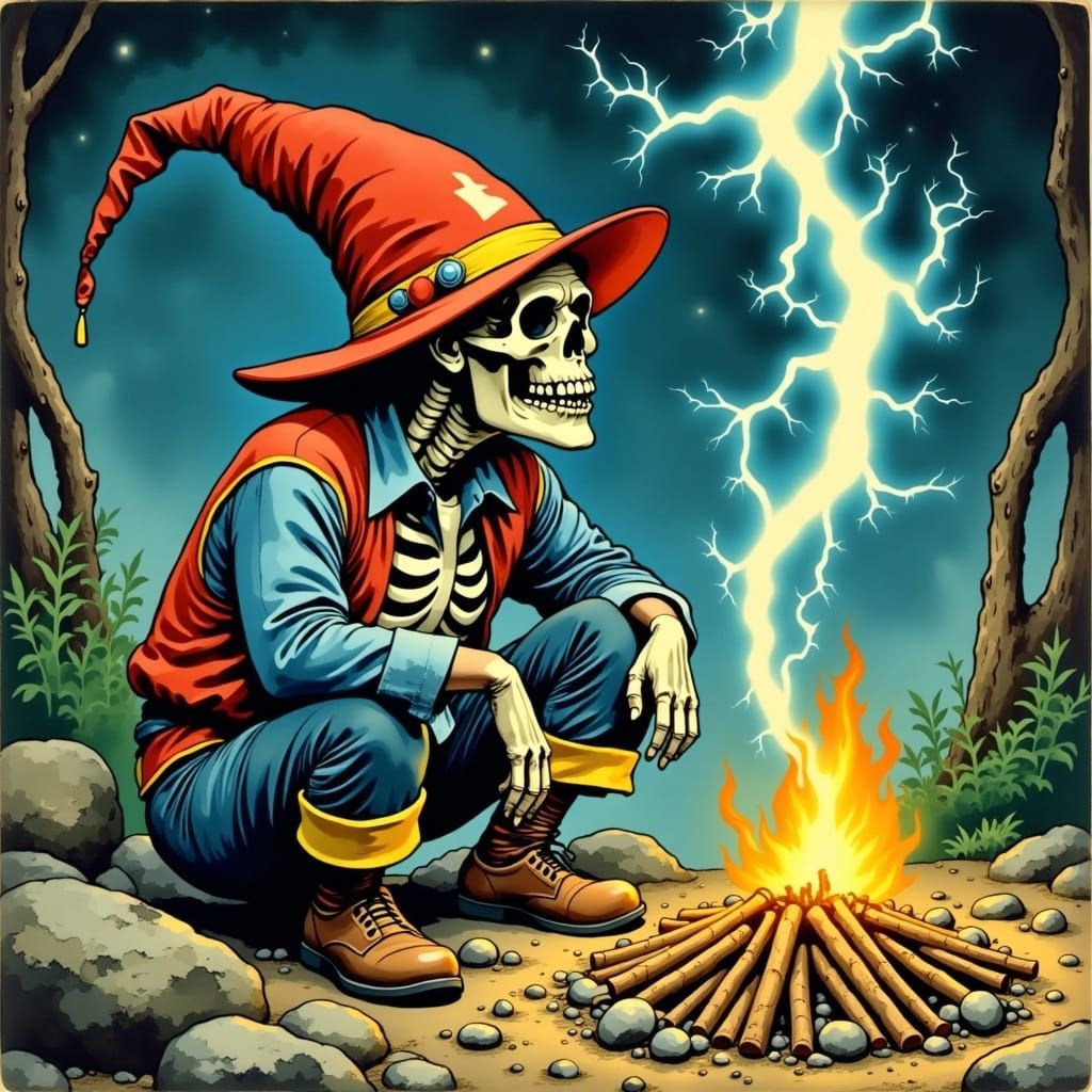 Skeletal Gnome by Campfire in Underground Comix Style