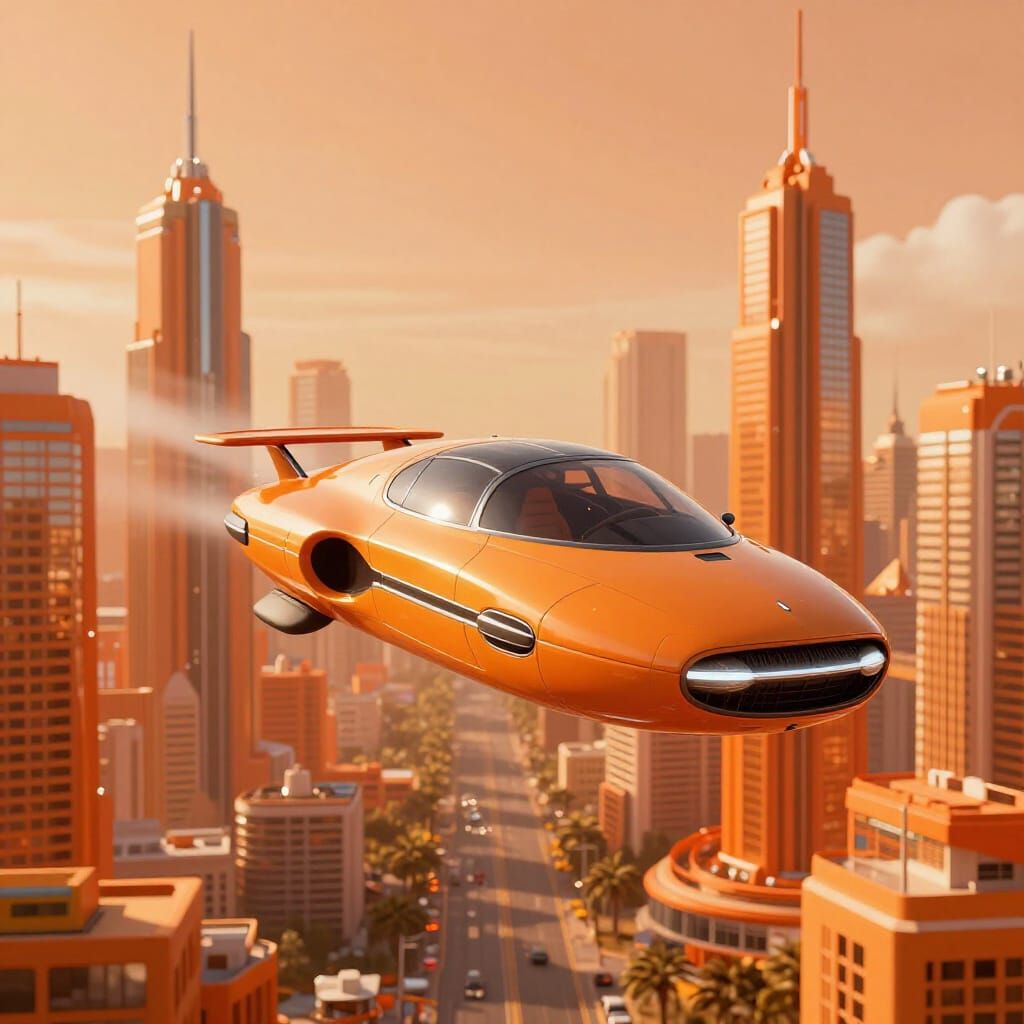 Retro-Futuristic Orange Cityscape With Flying Cars