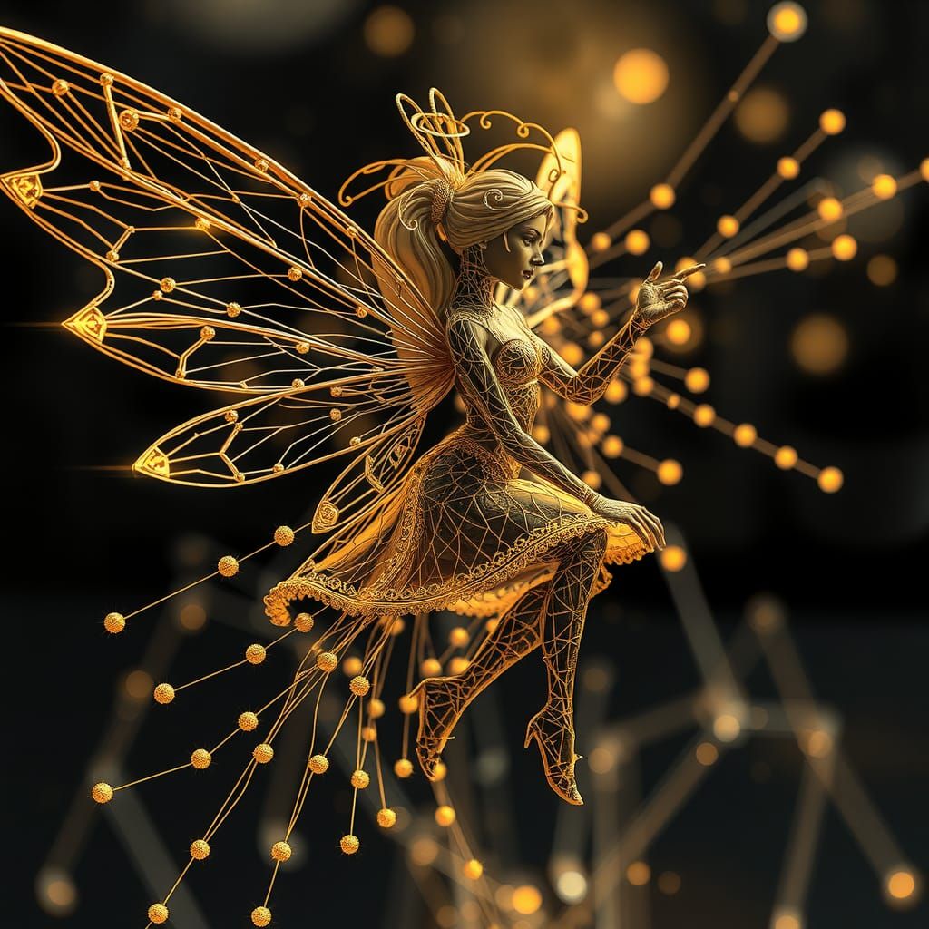 Wireframe Fairy with Geometric Patterns in Art Deco