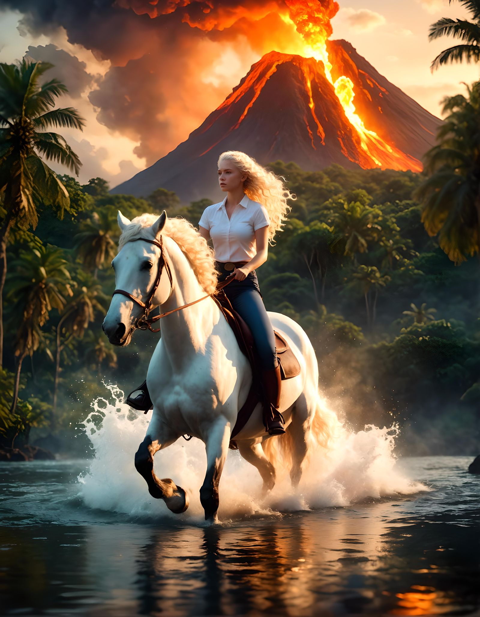 Albino Girl on Horseback near Erupting Volcano