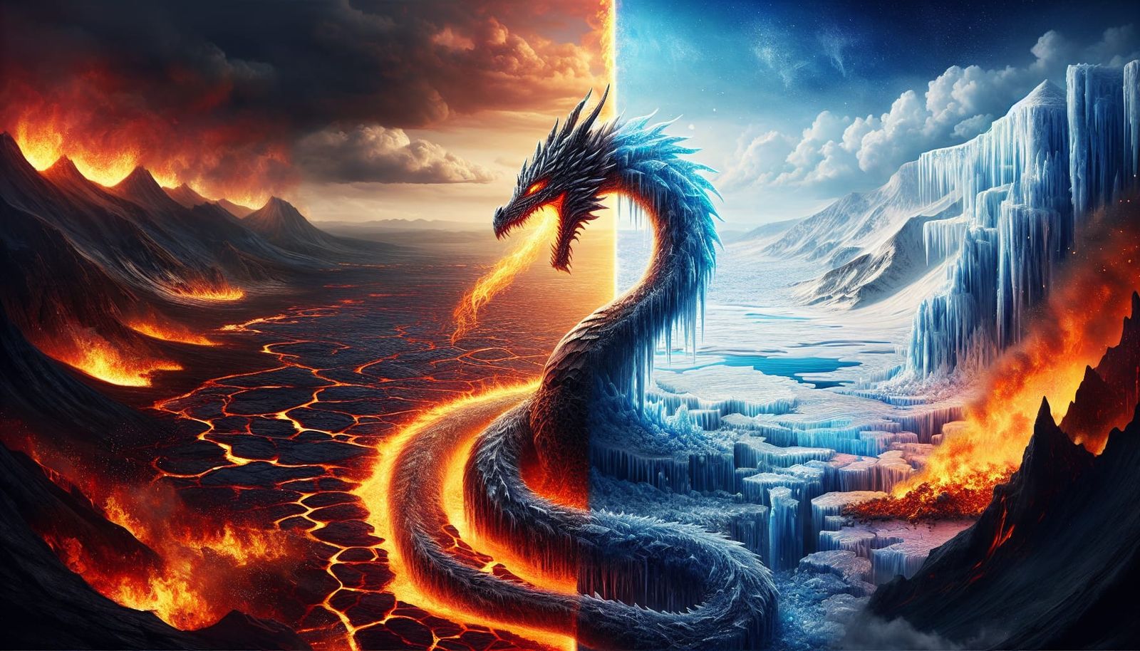 Ice and Fire Dragons in Contrasting Fantasy Landscape