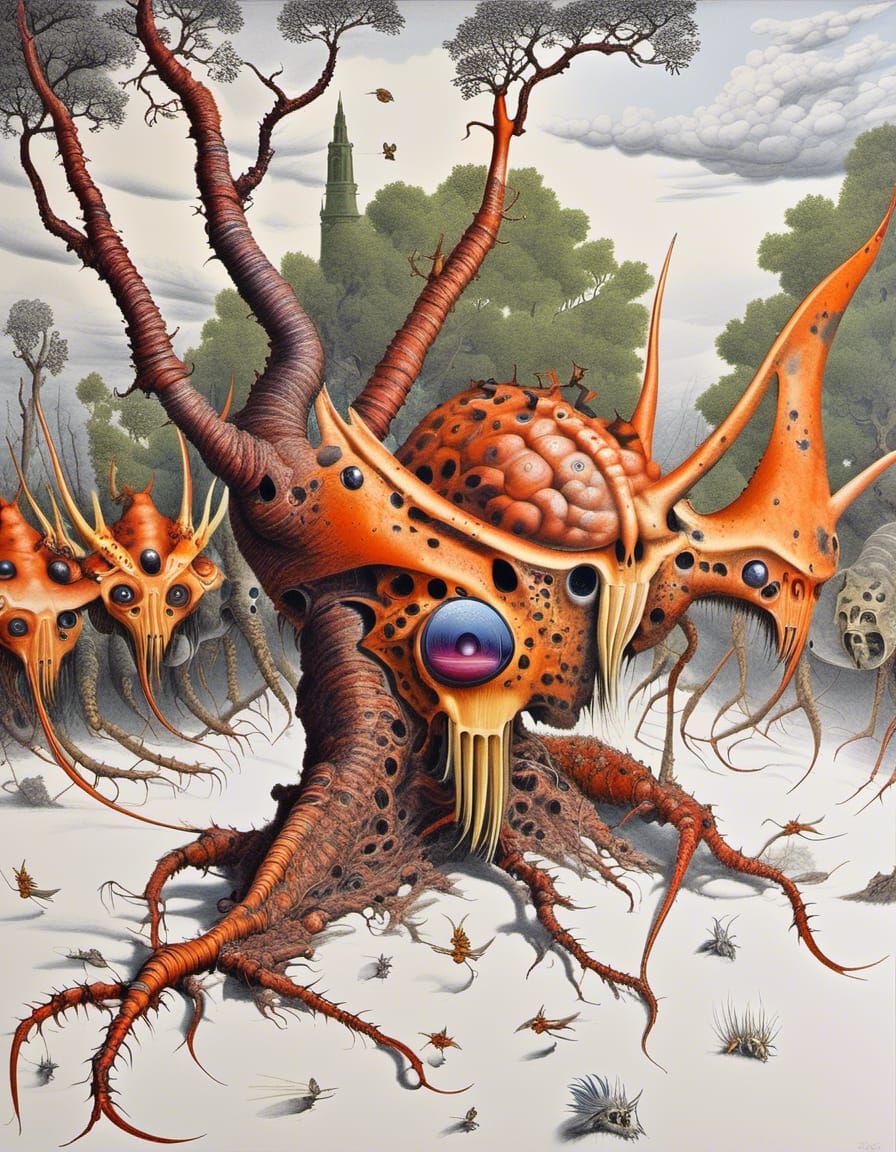 Surreal Insectoid Landscape in Ballpoint Pen Style