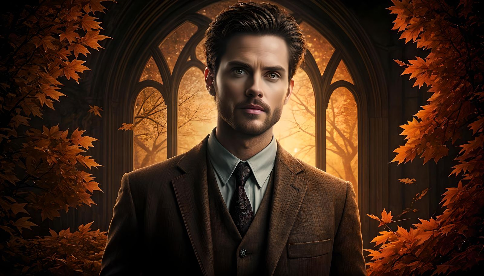 Lost Man in Enchanted Autumn Forest: Dark Academia Art