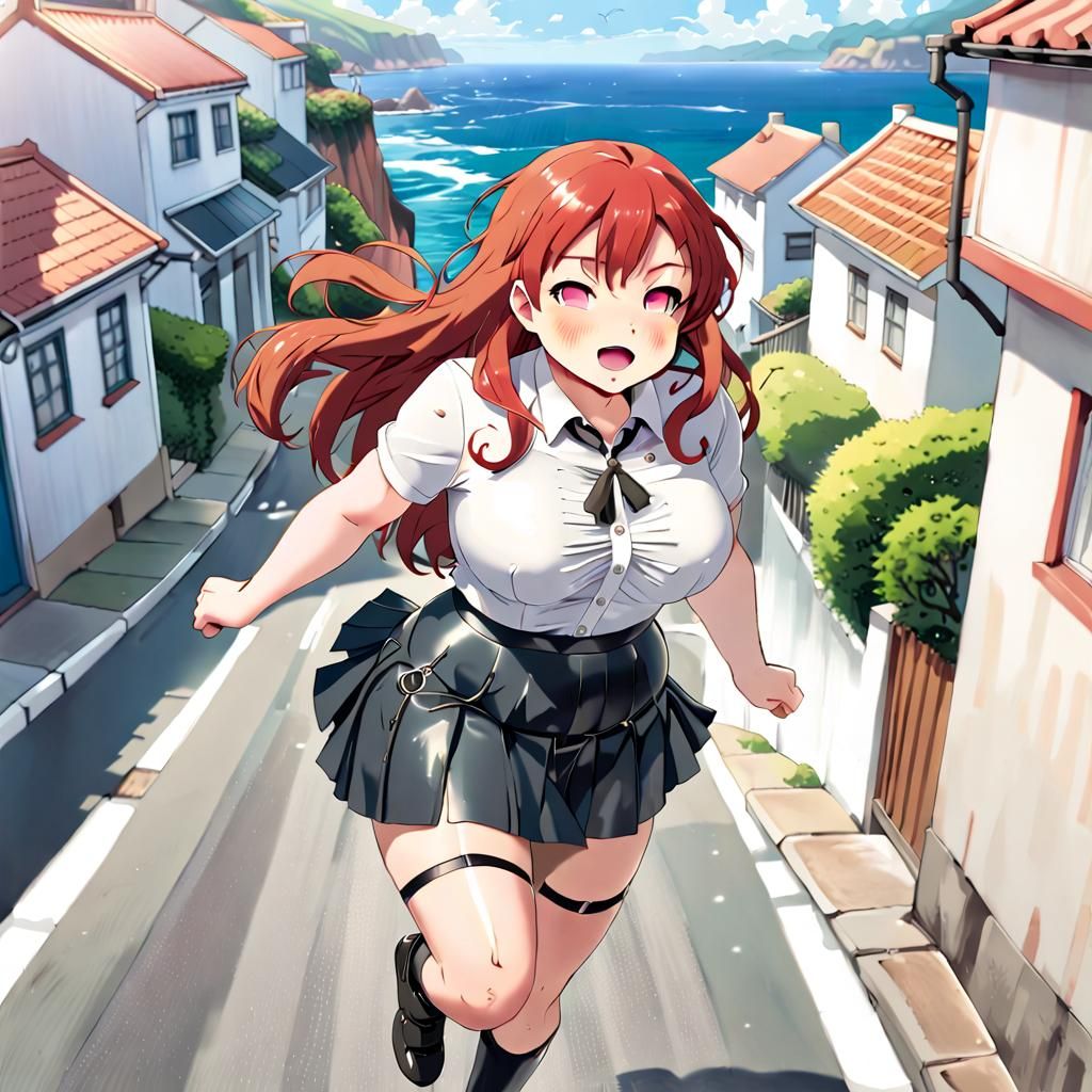 Woman Running in Coastal Town, Anime Style