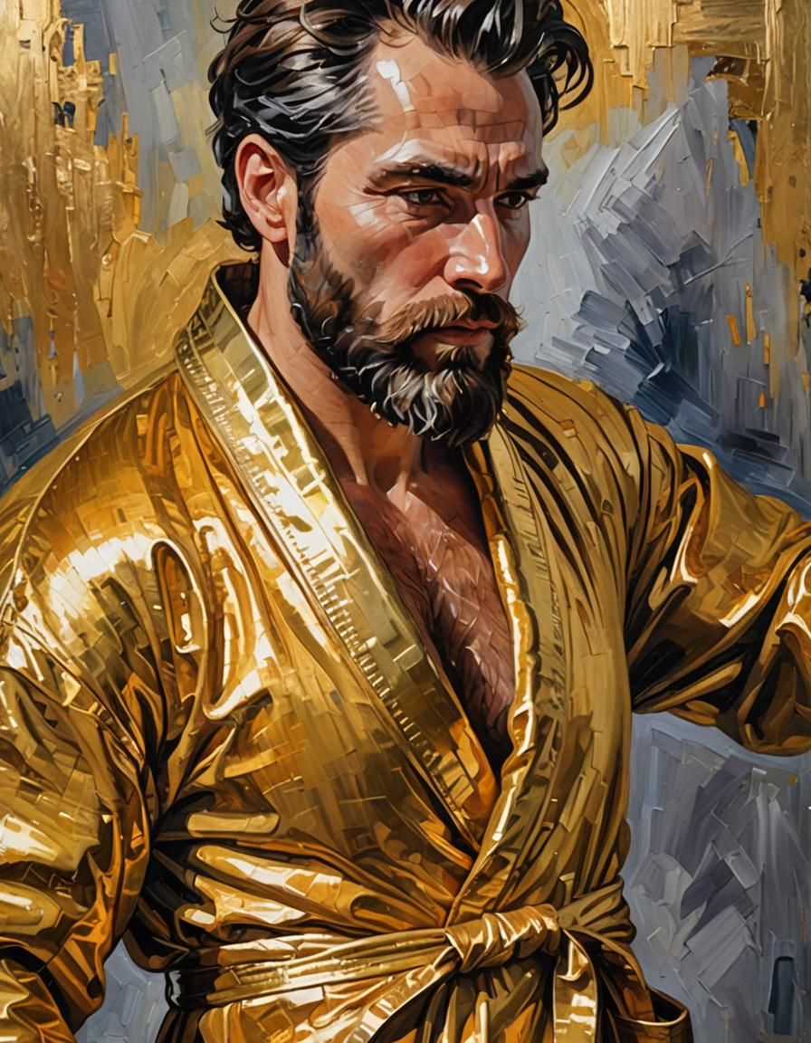Bearded Man in Golden Robe: Neo-Impressionist Oil Painting