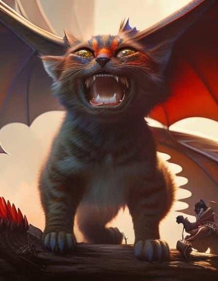 Kitten and Dragon Portrait in Watercolor Style