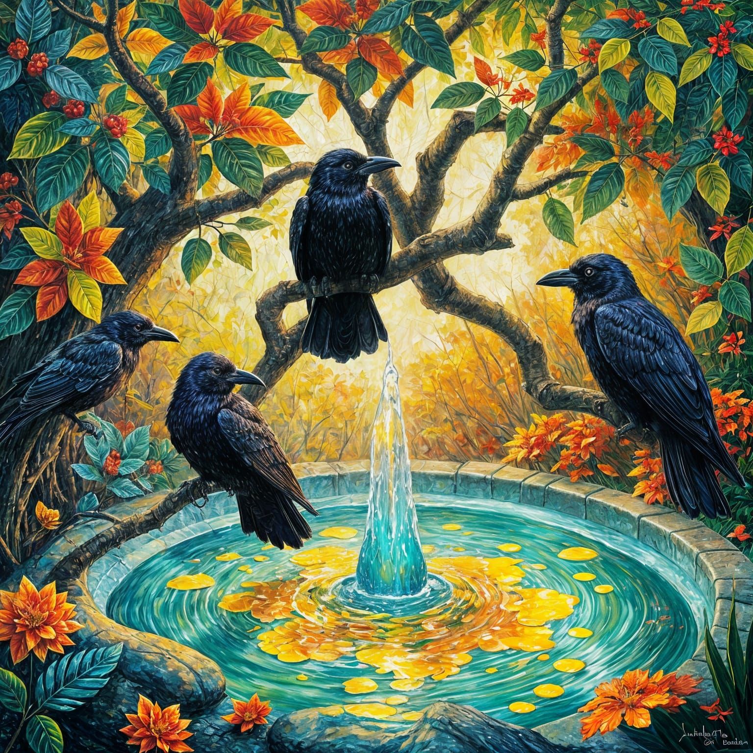 Magical Raven Fountain in Expressionist Oil Painting