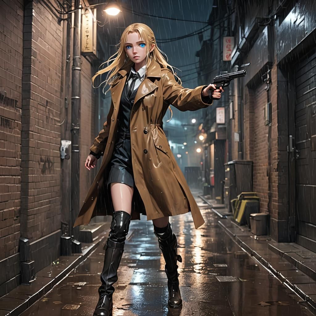 Anime Girl in Rainy Alley with Gun