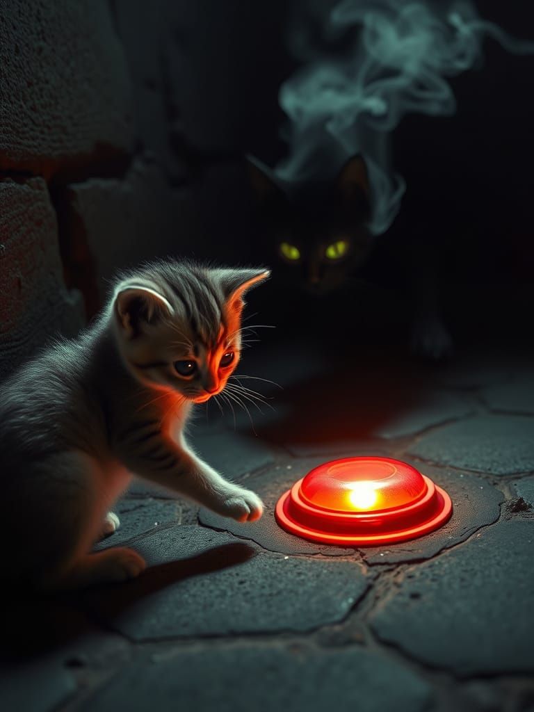 Mysterious Kitten Confronts Glowing Button in Dark Fantasy S...