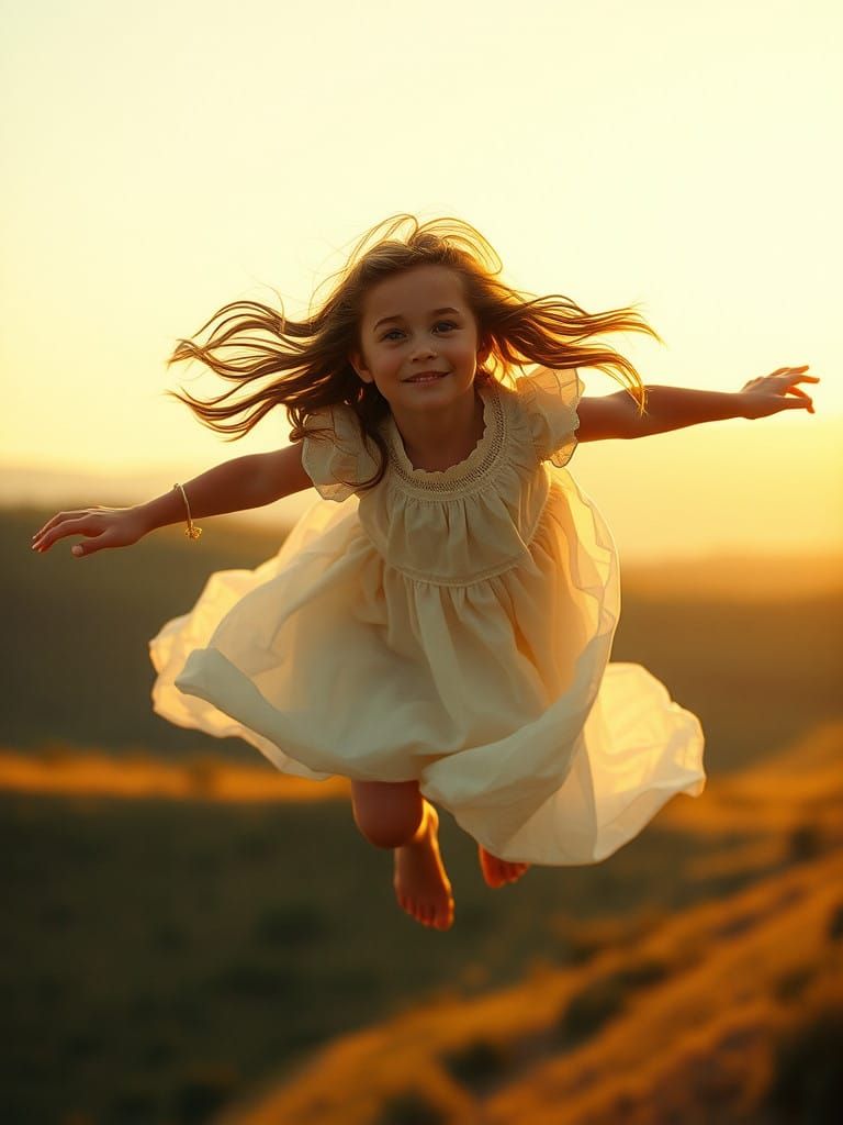 Girl Discovers Ethereal Flight in a Warm Sunlit Dreamscape
