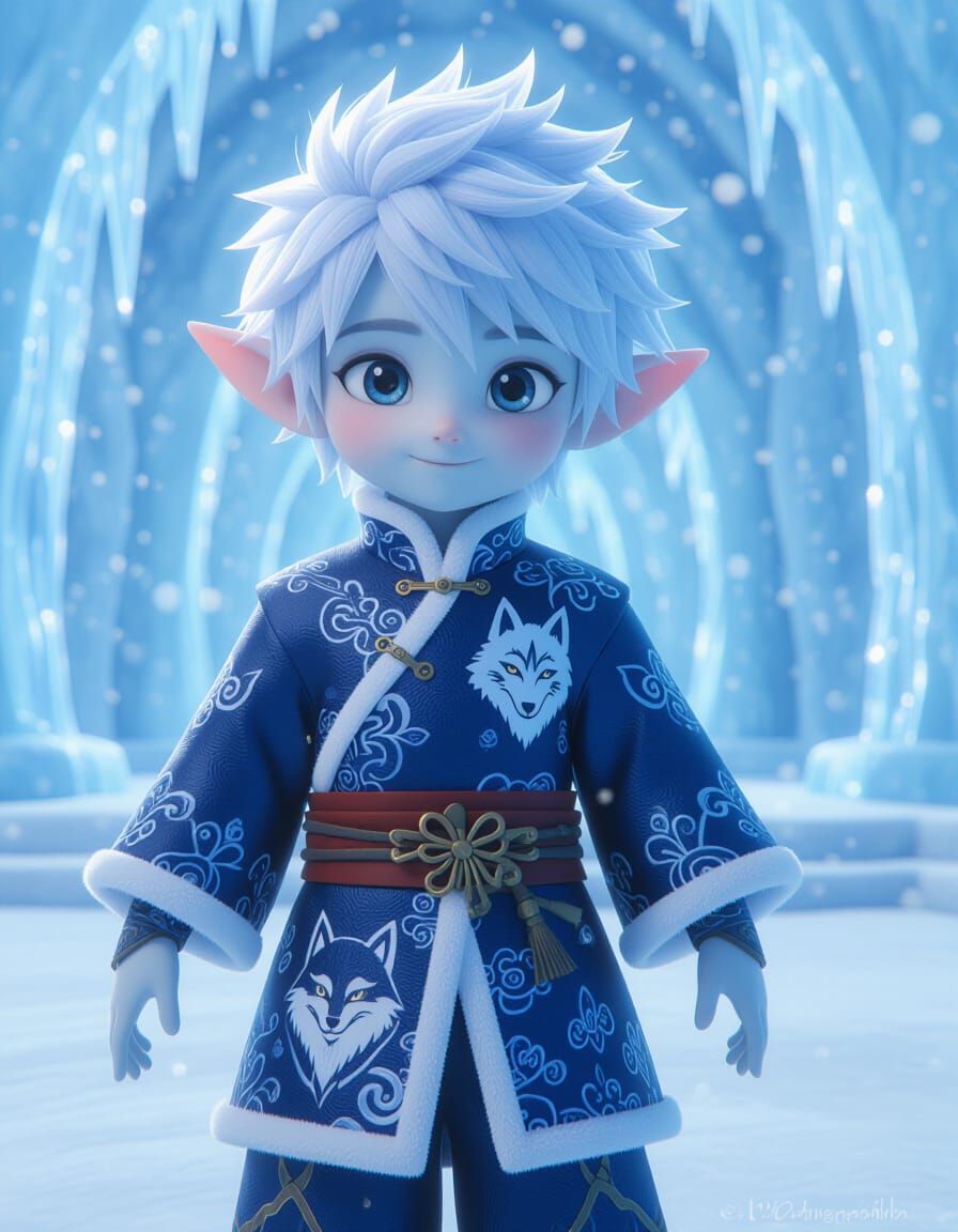 Blue Elf Boy in Snowy Ice Palace: Anime Art