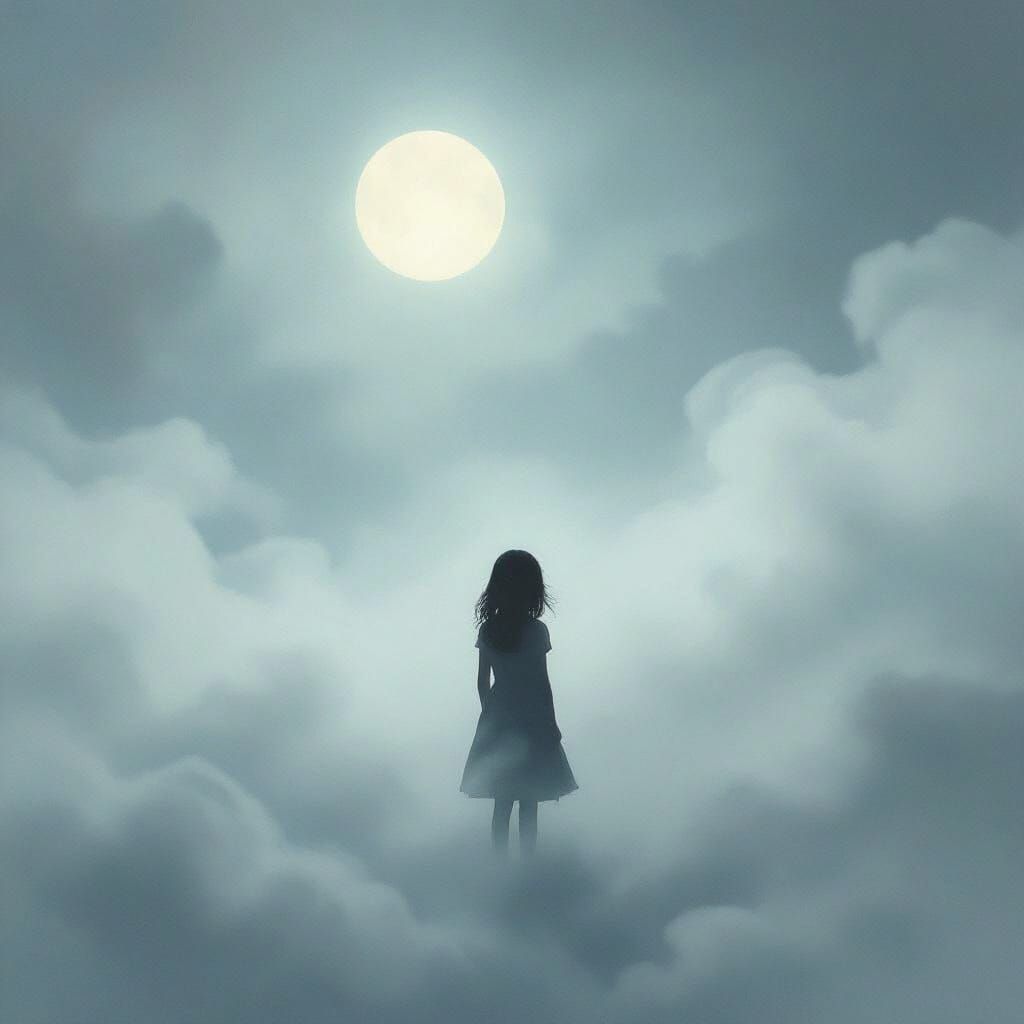 Lost Girl Silhouette in Ethereal Moonlight Fog