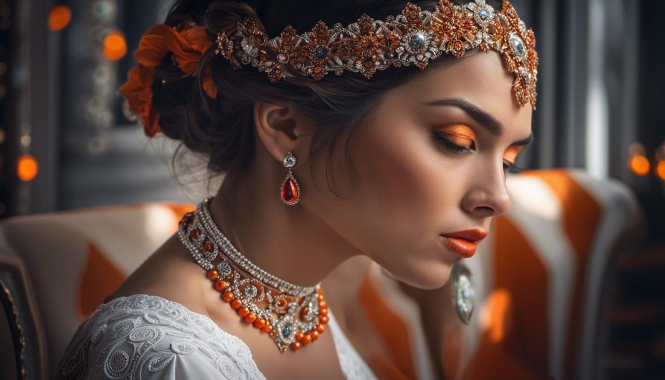 Hyperrealistic Lady with Orange Jewel in White Dress