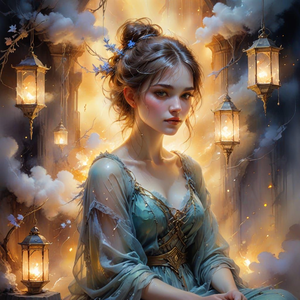 Ethereal Villain Controlling Weather in Watercolor Style