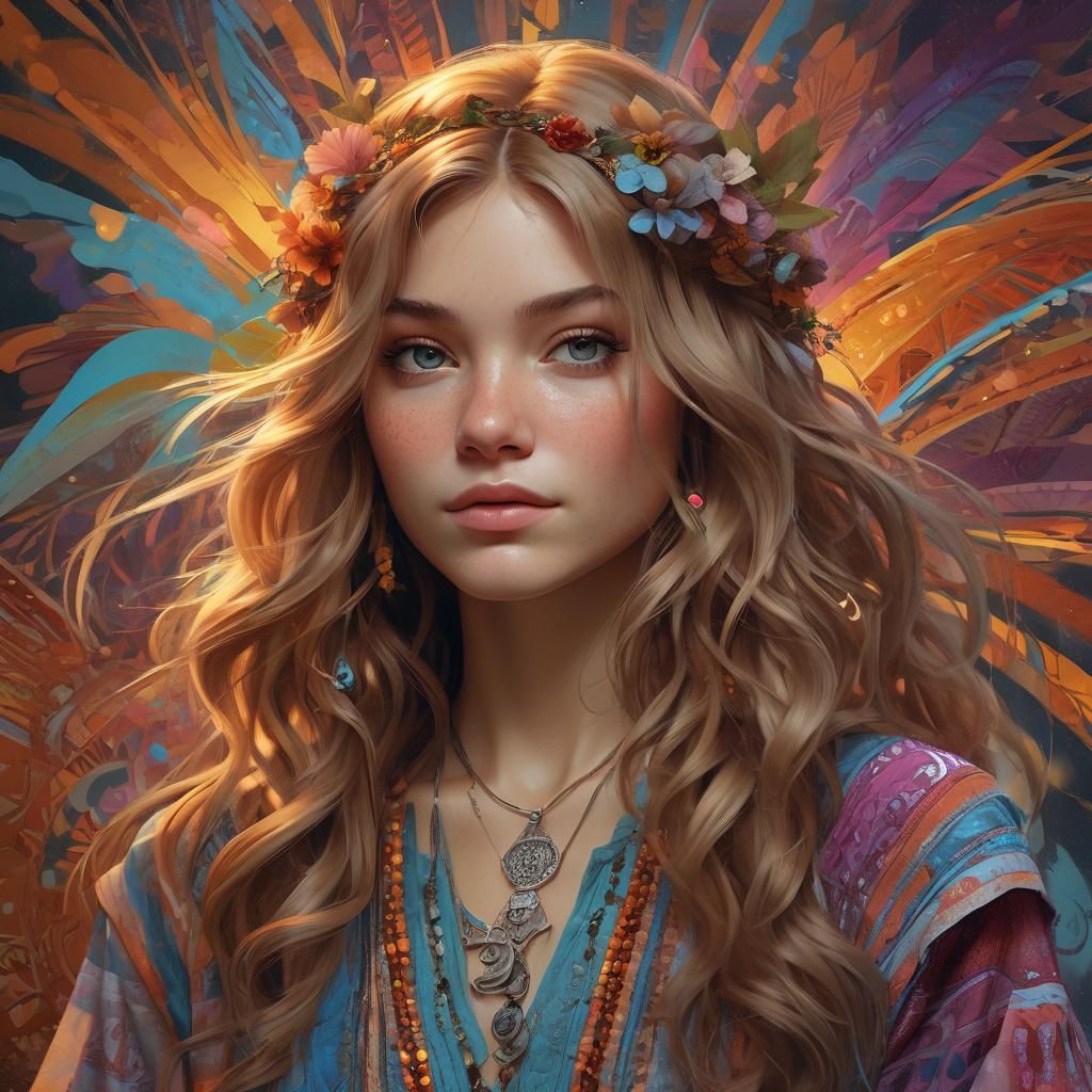 70s Hippie Girl Portrait in Hyperdetailed Style