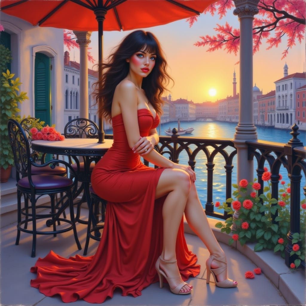 Romantic Venice Sunset: Oil Painting of a Beautiful Woman