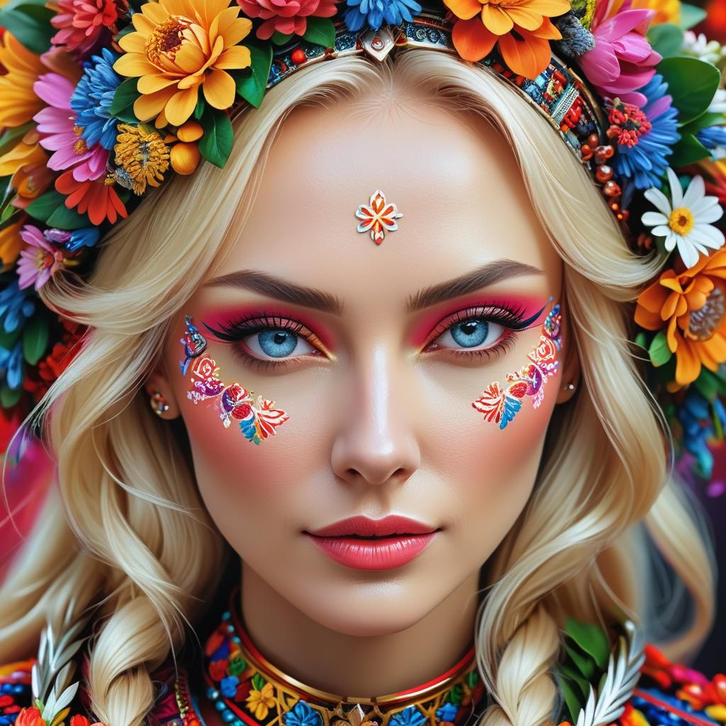 Slavic Flower Queen: Hyperrealistic Digital Portrait