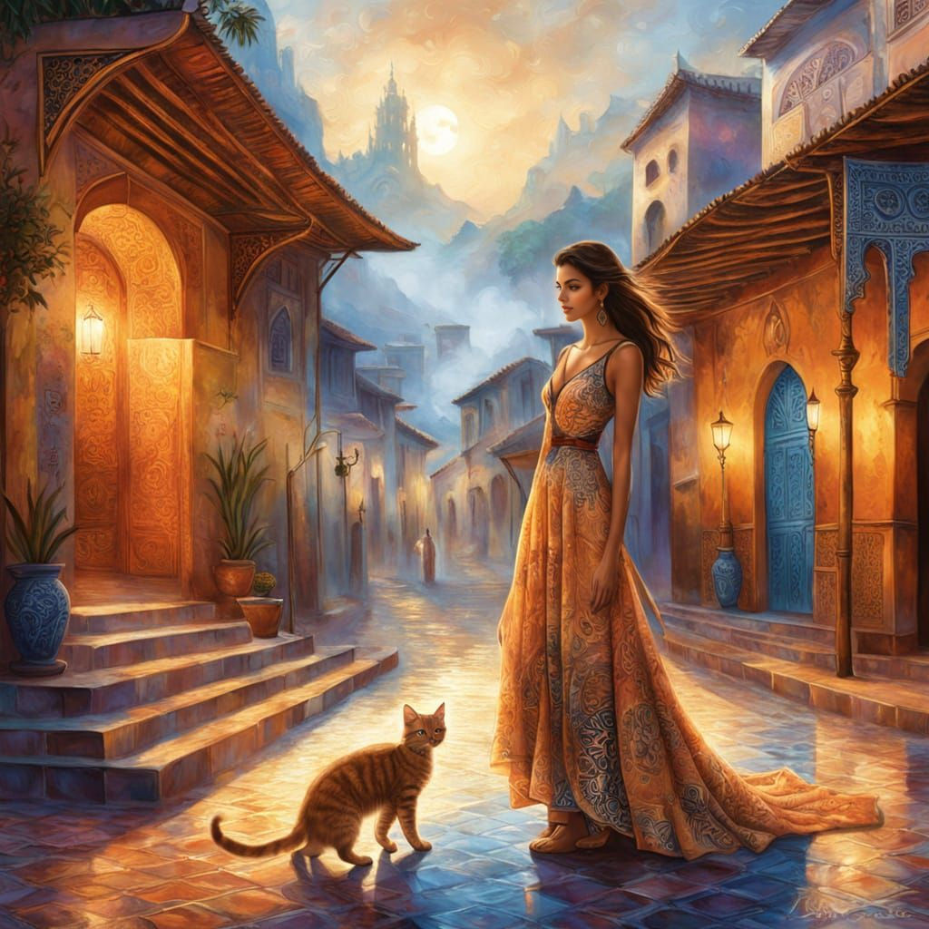 Latin Woman in Rio with Cat, Ethereal Fantasy Art