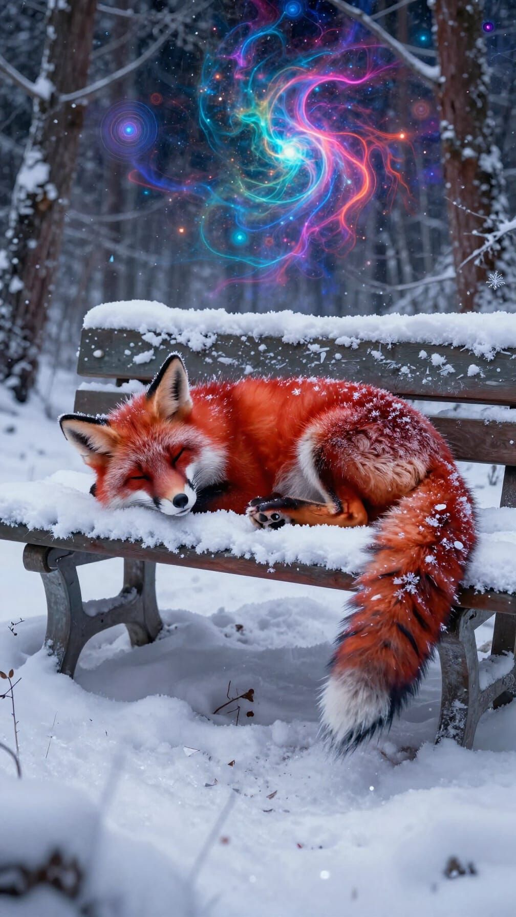 Vibrant Red Fox Sleeps in Snowy Forest, Astral Cosmic Illust...