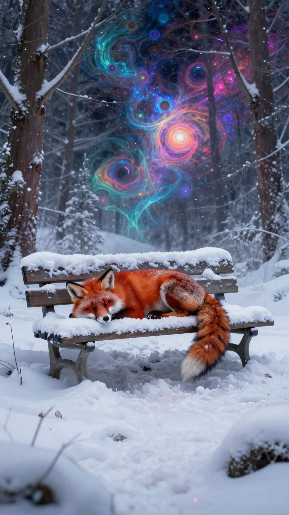 Red Fox Sleeping in Snowy Forest, Astral Cosmic Art