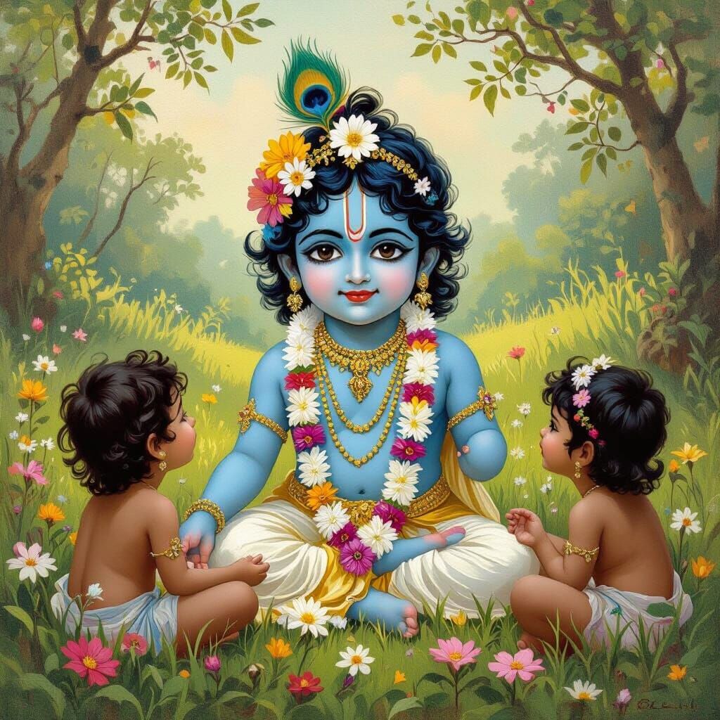 Little Krishna Playing with Friends, in Classical Style