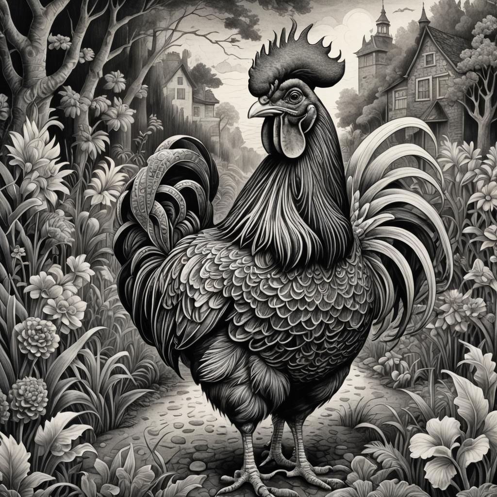 Detailed Charcoal Cockerel in Whimsical Doodle Landscape