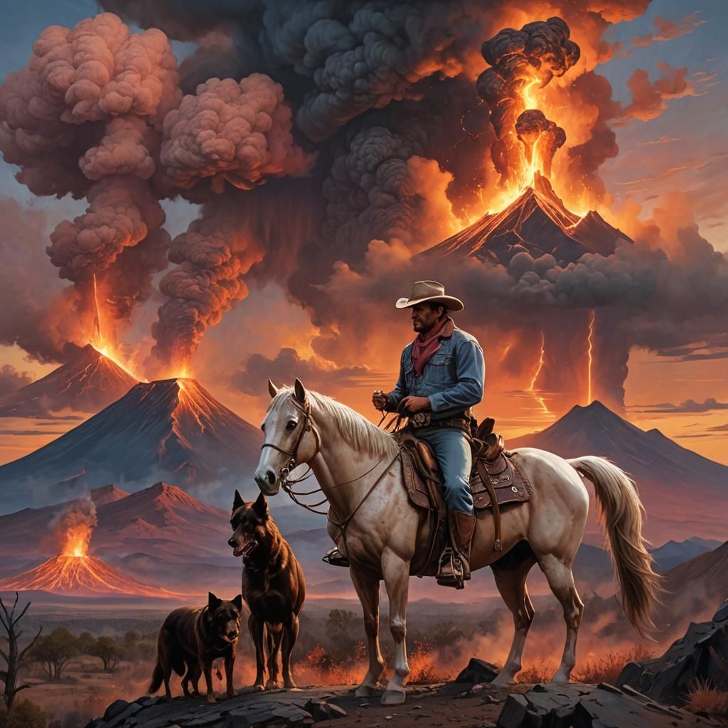Cowboy and Dog Witnessing Volcanic Eruption
