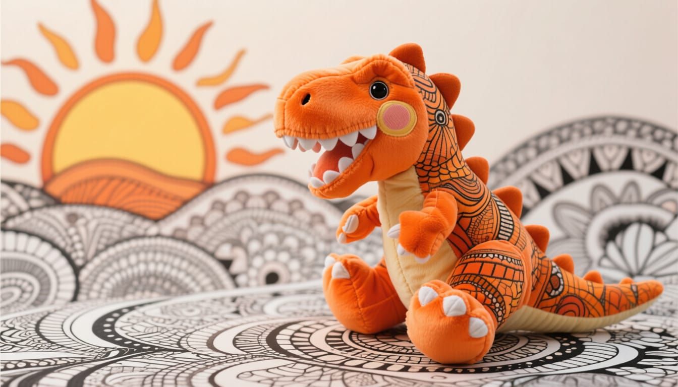 Zentangle Sunrise Over Adorable Stuffed T-Rex Toy