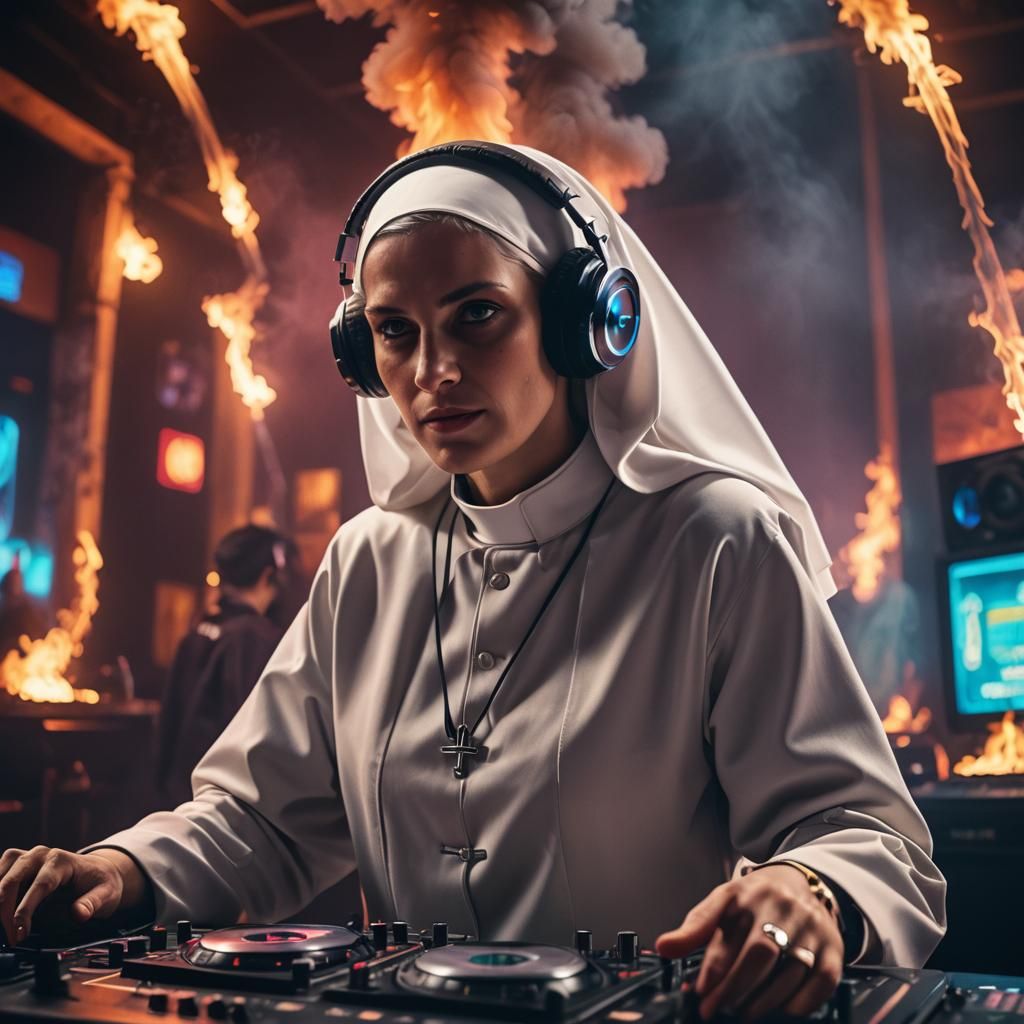 Image of a Catholic Nun mischievous look as a DJ with headphone and a smokie nightclub, lost of strobe lights, neon and ...
