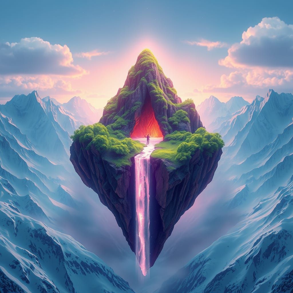 Floating Mountain with Waterfall in Psychedelic Style