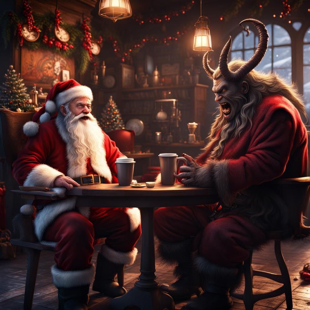 Santa and Krampus Share a Laugh: Fantasy Concept Art