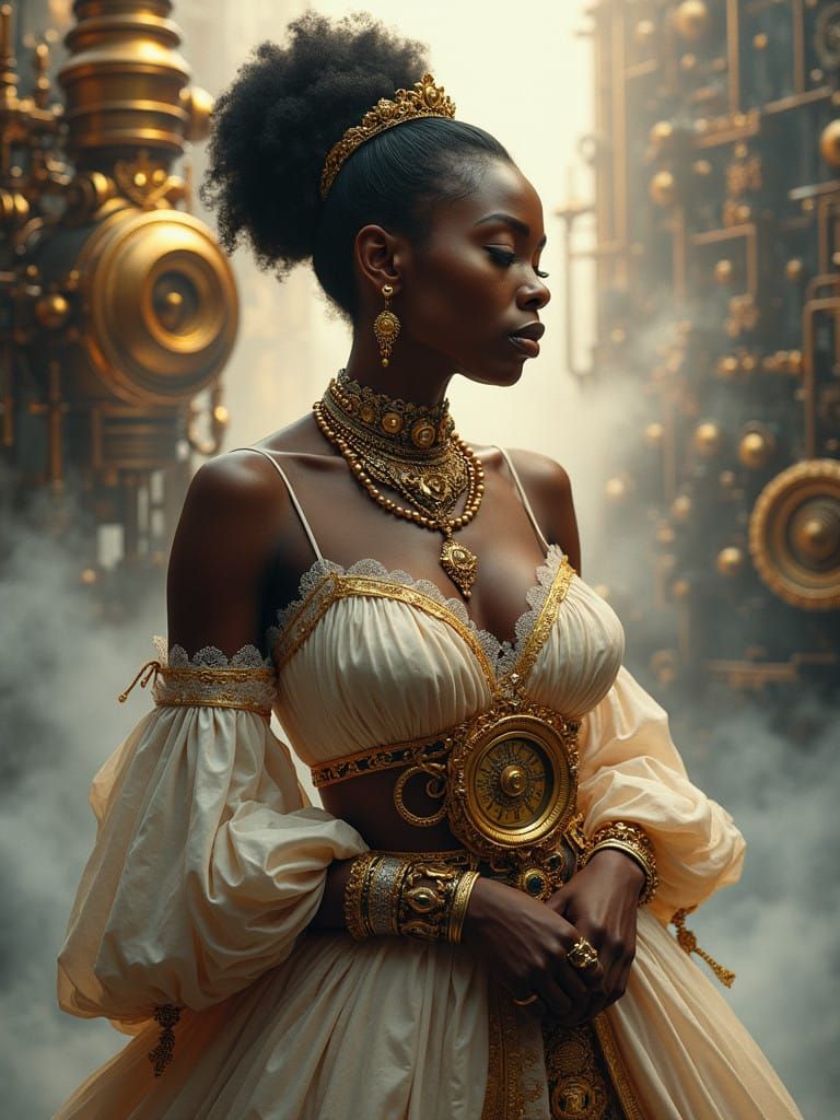 African Matriarch in Steampunk Timekeeping Elegance