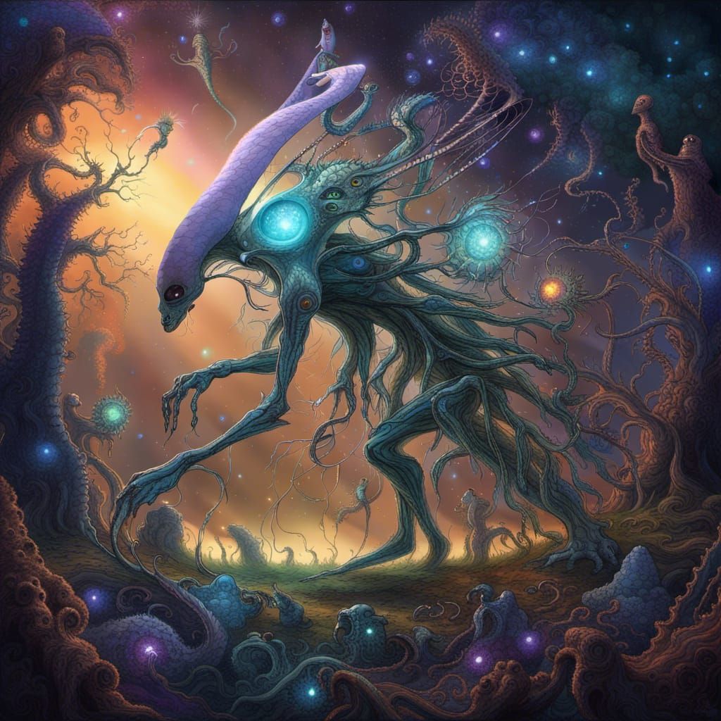 Alien Creatures Dance Around Wind Turbine in Surrealist Styl...