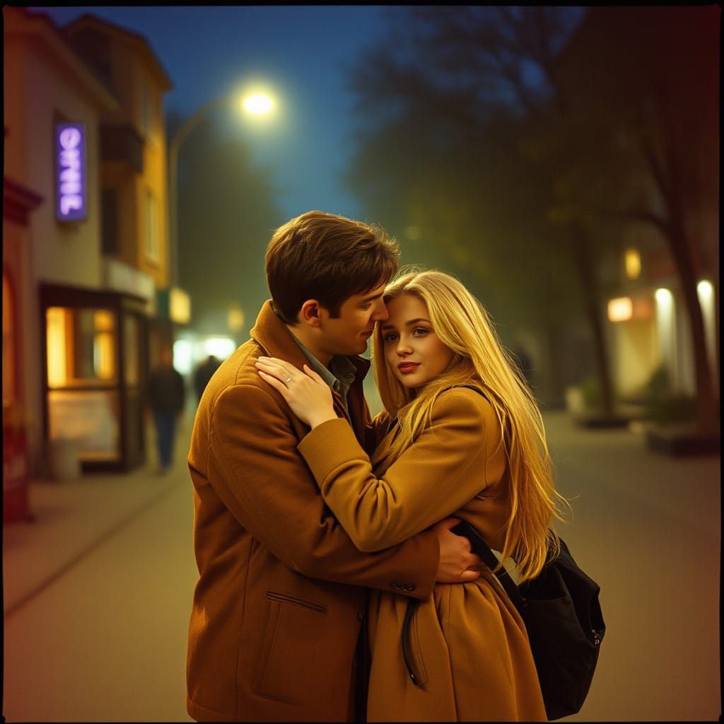 Couple Embracing in a Romantic Street Scene