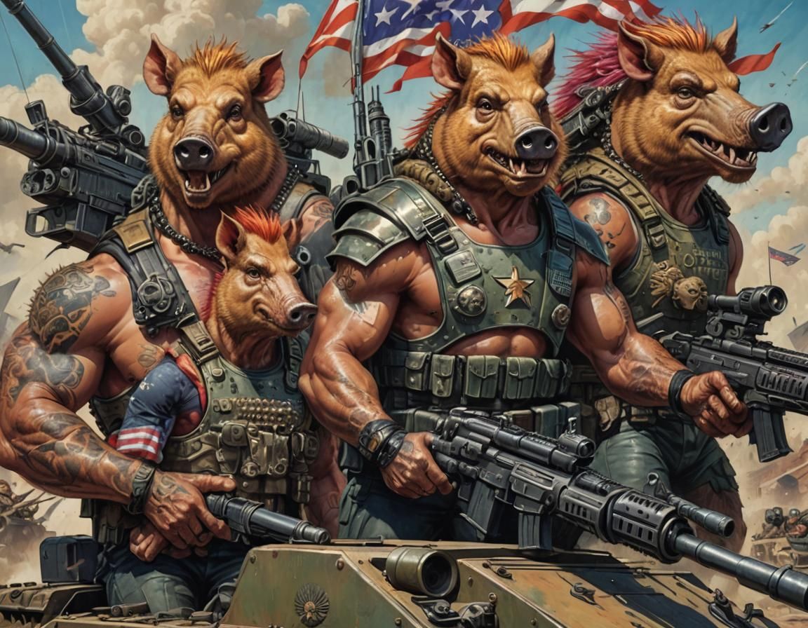 Epic Portrait of Militarized Boars in Comic Book Style