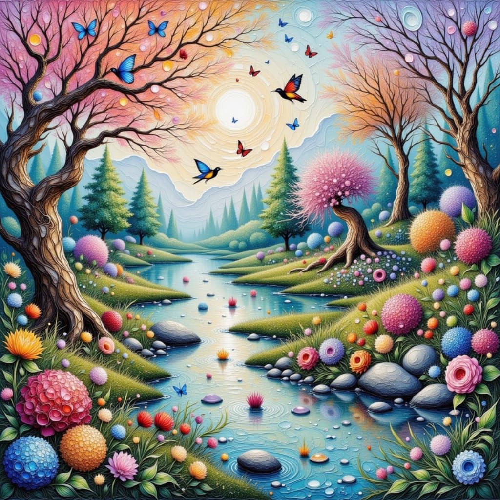 Surreal Whimsical Landscape with River in Pastel Colors