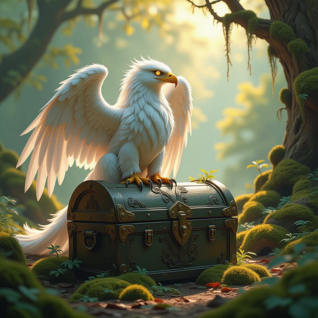 Majestic Griffin on Ancient Chest, Ethereal Glow
