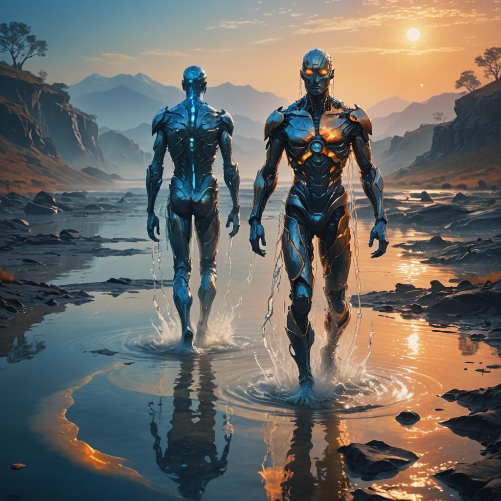 Humanoid Water Being in Surreal Landscape